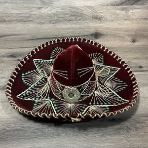 Vtg Authentic Pigalle Mexican Sombrero XXXXX Red Velvet Sequin Pristine Cond
